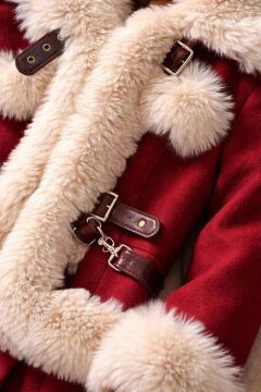 Kız Çocuk Kenarları Kürk ve Çift Kemer Detaylı Etekli Bordo Palto