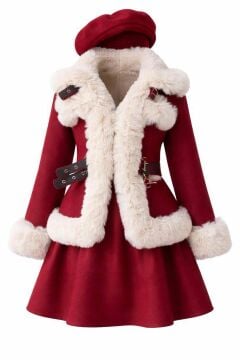 Kız Çocuk Kenarları Kürk ve Çift Kemer Detaylı Etekli Bordo Palto