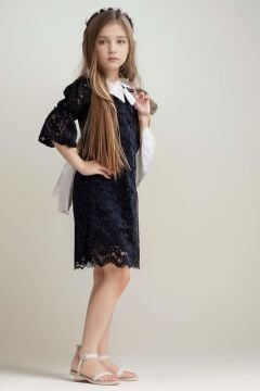 Kız Çocuk Cepli Blazer Ceket Dantelli Çiçek Işlemeli Bebe Yakalı Siyah Elbise