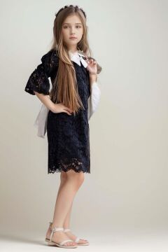 Kız Çocuk Cepli Blazer Ceket Dantelli Çiçek Işlemeli Bebe Yakalı Siyah Elbise
