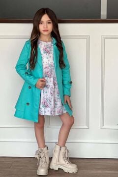 Kız Çocuk Çiçek Desenli Piliseli Turkuaz Trençkotlu Elbise