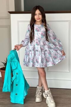 Kız Çocuk Çiçek Desenli Piliseli Turkuaz Trençkotlu Elbise