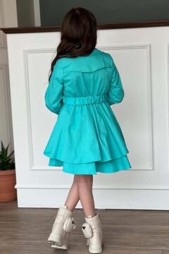 Kız Çocuk Çiçek Desenli Piliseli Turkuaz Trençkotlu Elbise