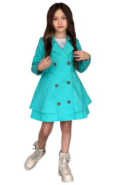 Kız Çocuk Çiçek Desenli Piliseli Turkuaz Trençkotlu Elbise