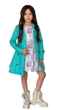 Kız Çocuk Çiçek Desenli Piliseli Turkuaz Trençkotlu Elbise
