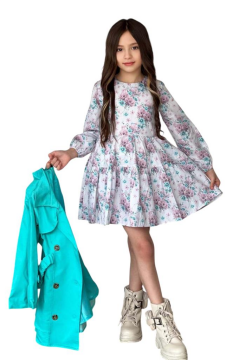 Kız Çocuk Çiçek Desenli Piliseli Turkuaz Trençkotlu Elbise