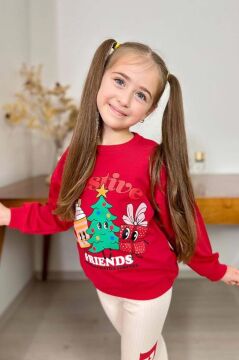 Kız Çocuk Friends Yazı ve Noel Ağacı Detaylı Kırmızı Taytlı Takım