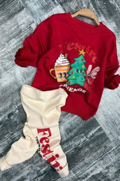 Kız Çocuk Friends Yazı ve Noel Ağacı Detaylı Kırmızı Taytlı Takım