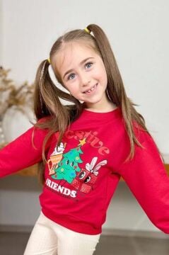 Kız Çocuk Friends Yazı ve Noel Ağacı Detaylı Kırmızı Taytlı Takım