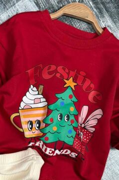 Kız Çocuk Friends Yazı ve Noel Ağacı Detaylı Kırmızı Taytlı Takım