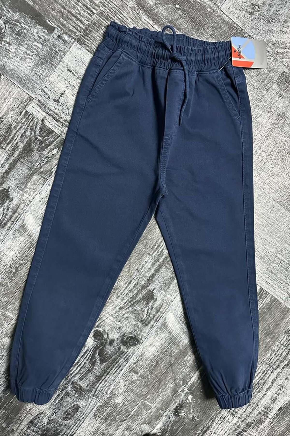 Erkek Çocuk Beli Lastikli İp Detaylı Gabardin Jogger Lacivert Kot Pantolon