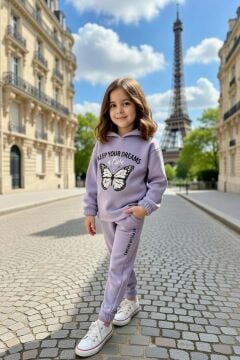 Kız Çocuk Üzeri Kara Kalem Kelebek Baskı ve Yazı Detaylı Sweat Paçası Lastikli Lila Eşofman Takım