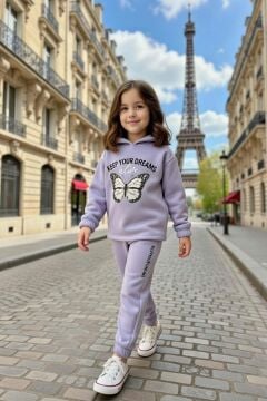 Kız Çocuk Üzeri Kara Kalem Kelebek Baskı ve Yazı Detaylı Sweat Paçası Lastikli Lila Eşofman Takım