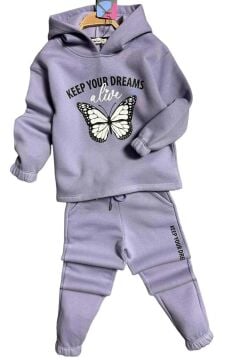 Kız Çocuk Üzeri Kara Kalem Kelebek Baskı ve Yazı Detaylı Sweat Paçası Lastikli Lila Eşofman Takım