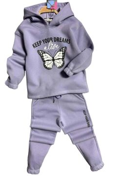 Kız Çocuk Üzeri Kara Kalem Kelebek Baskı ve Yazı Detaylı Sweat Paçası Lastikli Lila Eşofman Takım
