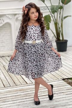 Kız Çocuk Bebe Yaka Leopar Desenli Piliseli Kemerli Beyaz Elbise