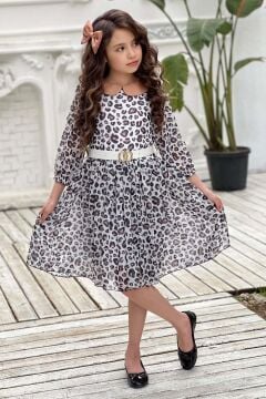 Kız Çocuk Bebe Yaka Leopar Desenli Piliseli Kemerli Beyaz Elbise