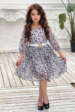 Kız Çocuk Bebe Yaka Leopar Desenli Piliseli Kemerli Beyaz Elbise