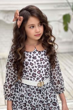 Kız Çocuk Bebe Yaka Leopar Desenli Piliseli Kemerli Beyaz Elbise