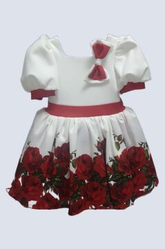 Kız Çocuk Kolları ve Beli Şerit Detaylı Karpuz Kollu Eteği Tüllü ve Gül Desenli Beyaz Elbise