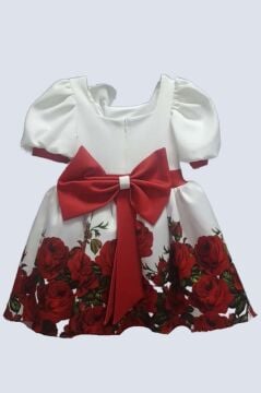 Kız Çocuk Kolları ve Beli Şerit Detaylı Karpuz Kollu Eteği Tüllü ve Gül Desenli Beyaz Elbise