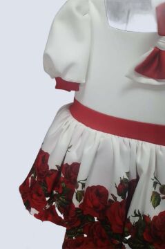 Kız Çocuk Kolları ve Beli Şerit Detaylı Karpuz Kollu Eteği Tüllü ve Gül Desenli Beyaz Elbise