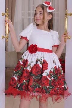 Kız Çocuk Kolları ve Beli Şerit Detaylı Karpuz Kollu Eteği Tüllü ve Gül Desenli Beyaz Elbise