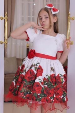 Kız Çocuk Kolları ve Beli Şerit Detaylı Karpuz Kollu Eteği Tüllü ve Gül Desenli Beyaz Elbise