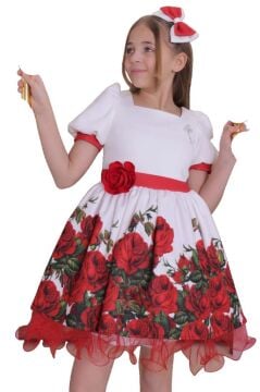 Kız Çocuk Kolları ve Beli Şerit Detaylı Karpuz Kollu Eteği Tüllü ve Gül Desenli Beyaz Elbise