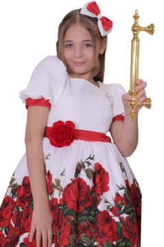 Kız Çocuk Kolları ve Beli Şerit Detaylı Karpuz Kollu Eteği Tüllü ve Gül Desenli Beyaz Elbise