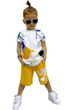 Erkek Çocuk Fırça Boya Desenli Cepli Sarı Şortlu Takım