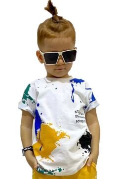 Erkek Çocuk Fırça Boya Desenli Cepli Sarı Şortlu Takım