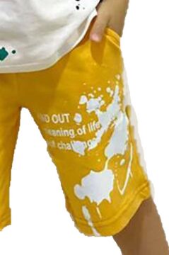 Erkek Çocuk Fırça Boya Desenli Cepli Sarı Şortlu Takım