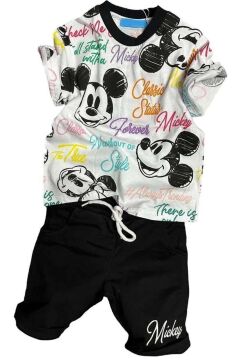 Erkek Çocuk Ayıcık Desen ve Renkli Yazılarla Penye T-Shirt Siyah Şortlu Takım