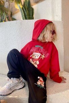 Kız Erkek Çocuk Üzerinde Ayıcık ve Merry Christmas Yazı Baskılı Kazak Kırmızı Eşofman Takım
