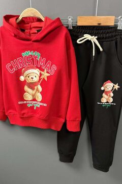 Kız Erkek Çocuk Üzerinde Ayıcık ve Merry Christmas Yazı Baskılı Kazak Kırmızı Eşofman Takım