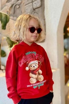 Kız Erkek Çocuk Üzerinde Ayıcık ve Merry Christmas Yazı Baskılı Kazak Kırmızı Eşofman Takım