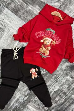 Kız Erkek Çocuk Üzerinde Ayıcık ve Merry Christmas Yazı Baskılı Kazak Kırmızı Eşofman Takım