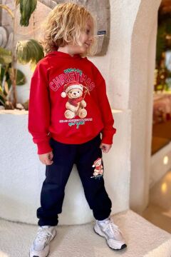 Kız Erkek Çocuk Üzerinde Ayıcık ve Merry Christmas Yazı Baskılı Kazak Kırmızı Eşofman Takım