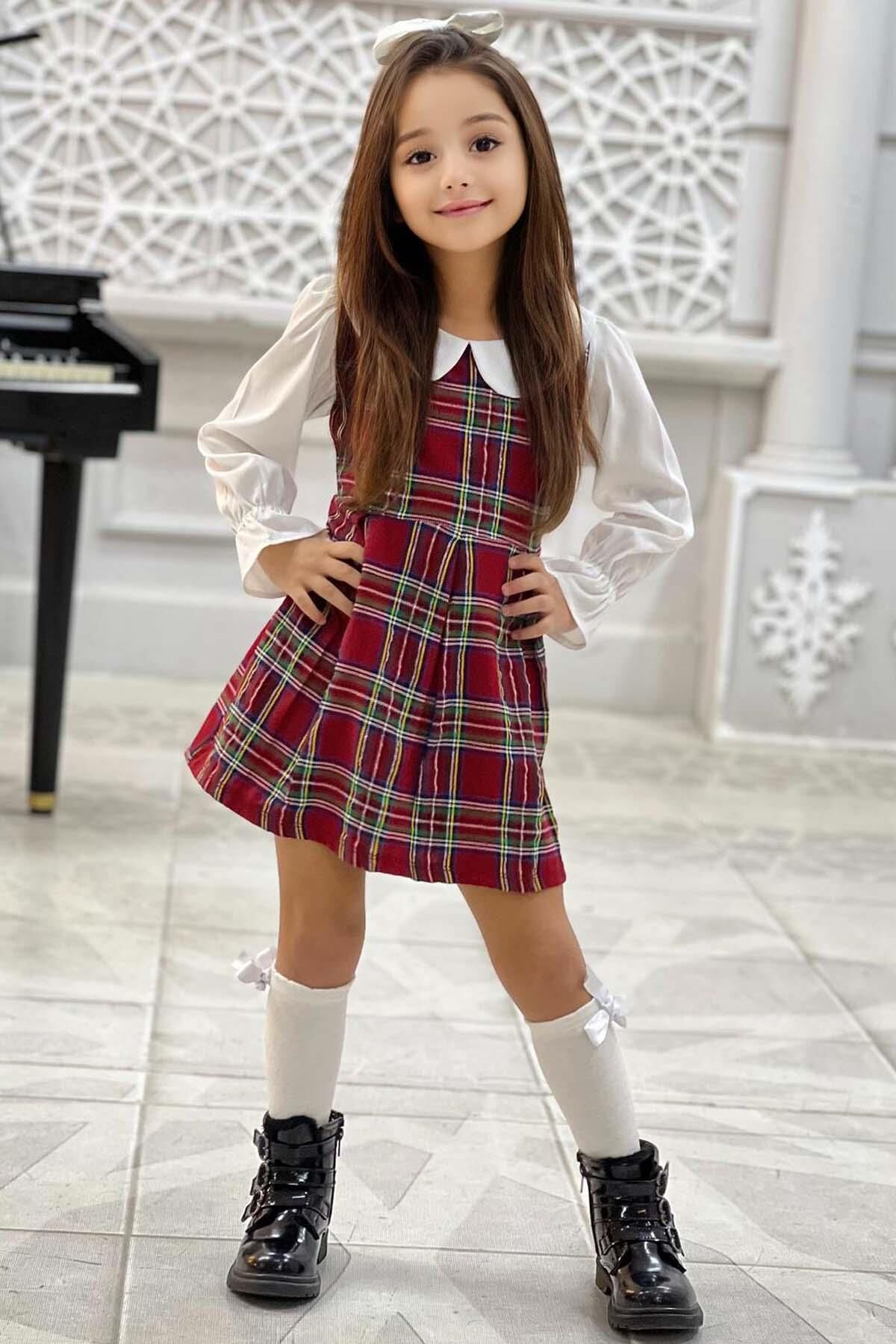 Kız Çocuk Üzeri Kare Çizgili İspanyol Kol Bebe Yakalı Kırmızı Elbise