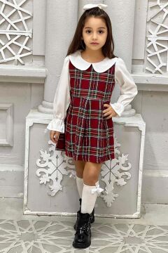 Kız Çocuk Üzeri Kare Çizgili İspanyol Kol Bebe Yakalı Kırmızı Elbise