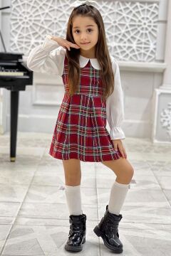 Kız Çocuk Üzeri Kare Çizgili İspanyol Kol Bebe Yakalı Kırmızı Elbise