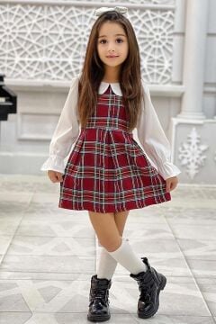Kız Çocuk Üzeri Kare Çizgili İspanyol Kol Bebe Yakalı Kırmızı Elbise