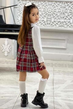 Kız Çocuk Üzeri Kare Çizgili İspanyol Kol Bebe Yakalı Kırmızı Elbise