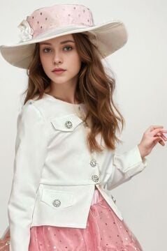 Kız Çocuk Taşlı Düğme Detaylı Blazer Ceket ve Puantiyeli Kat Kat Tüllü Pembe Etekli Takım