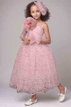 Kız Çocuk Tek Kol Omzu Çiçek Broşlu Boydan Dantel Detaylı Pudra Elbise