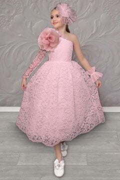Kız Çocuk Tek Kol Omzu Çiçek Broşlu Boydan Dantel Detaylı Pudra Elbise