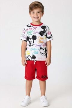 Erkek Çocuk Ayıcık Desen ve Renkli Yazılarla Penye T-Shirt Kırmızı Şortlu Takım