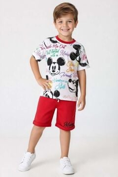 Erkek Çocuk Ayıcık Desen ve Renkli Yazılarla Penye T-Shirt Kırmızı Şortlu Takım