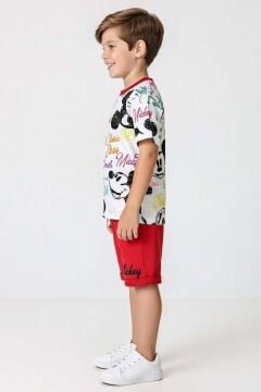 Erkek Çocuk Ayıcık Desen ve Renkli Yazılarla Penye T-Shirt Kırmızı Şortlu Takım